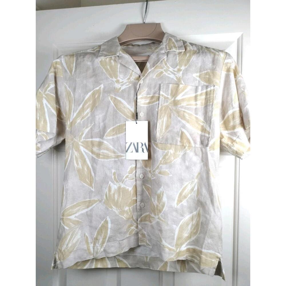 NWT ZARA Kids Boys Linen Blend Floral Shirt Beige Yellow Size‎ 9-10 Years 140cm